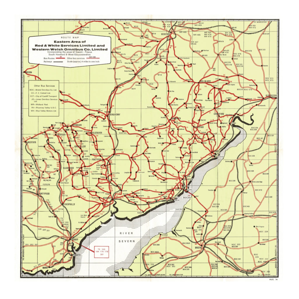 Map o wasanaethau fysiau yn ardal Caerdydd, Gwent, Swydd Henffordd a Swydd Caerloyw.