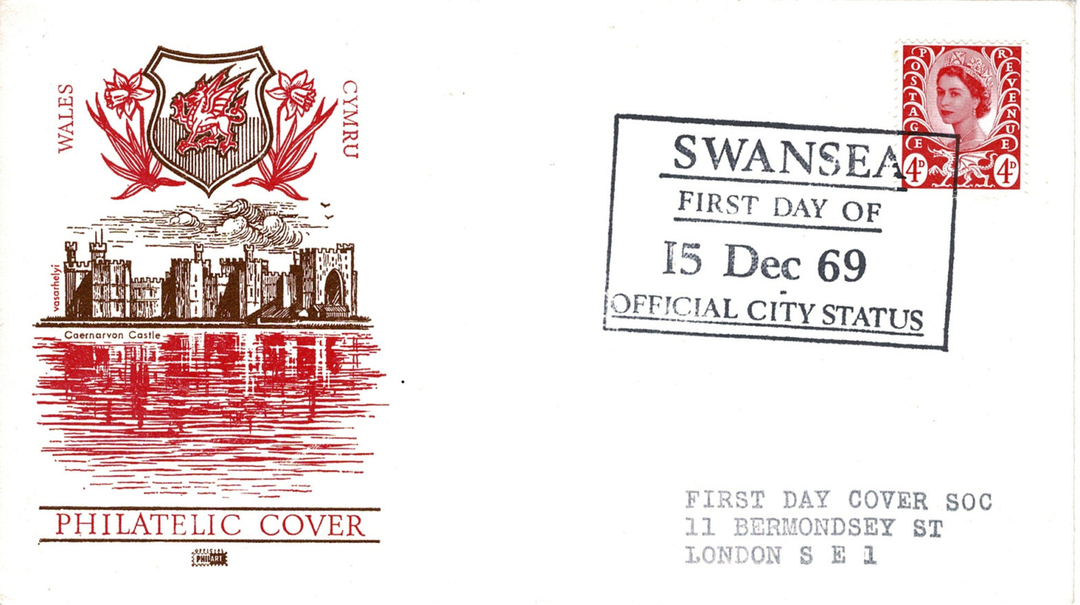 Amlen Diwrnod Cyntaf yn dathlu Abertawe'n dod yn ddinas, 15 Rhagfyr 1969. Stamp Cymreig.